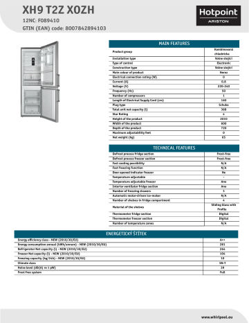 HOTPOINT/ARISTON XH9 T2Z XOZH Fridge/freezer combination Product Data Sheet  | Manualzz