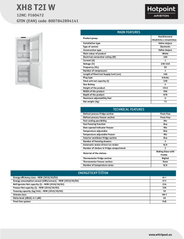 HOTPOINT/ARISTON XH8 T2I W Fridge/freezer combination Product Data Sheet | Manualzz