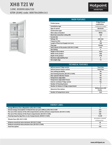 HOTPOINT/ARISTON XH8 T2I W Fridge/freezer combination NEL Data Sheet | Manualzz