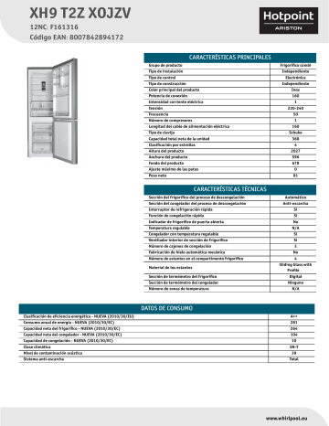 HOTPOINT/ARISTON XH9 T2Z XOJZV Fridge/freezer combination Product Data Sheet | Manualzz