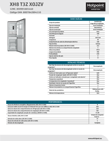 HOTPOINT/ARISTON XH8 T3Z XOJZV Fridge/freezer combination NEL Data Sheet | Manualzz