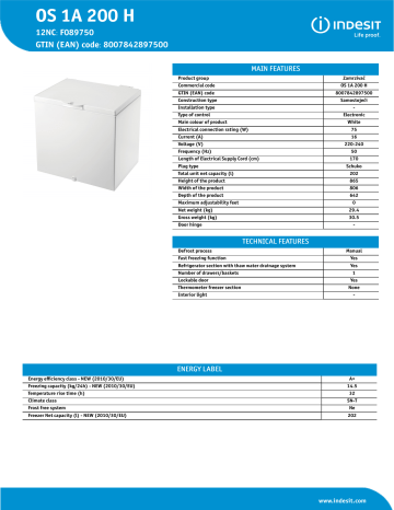 Indesit OS 1A 200 H Freezer Product Data Sheet | Manualzz