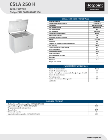 HOTPOINT/ARISTON CS1A 250 H Freezer Product Data Sheet | Manualzz