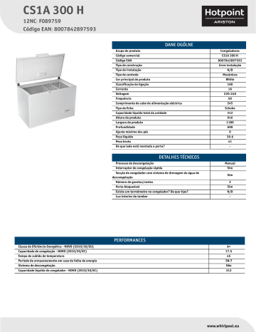HOTPOINT/ARISTON CS1A 300 H Freezer Product Data Sheet | Manualzz