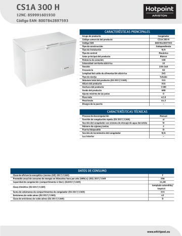 HOTPOINT/ARISTON CS1A 300 H Freezer NEL Data Sheet | Manualzz