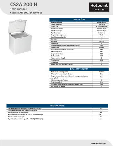 HOTPOINT/ARISTON CS2A 200 H Freezer Product Data Sheet | Manualzz