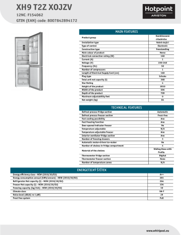 HOTPOINT/ARISTON XH9 T2Z XOJZV Fridge/freezer combination Product Data Sheet | Manualzz