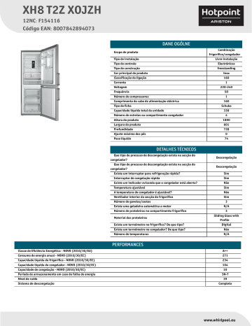 HOTPOINT/ARISTON XH8 T2Z XOJZH Fridge/freezer combination Product Data Sheet | Manualzz