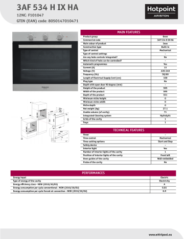 HOTPOINT/ARISTON 3AF 534 H IX HA Oven Product Data Sheet | Manualzz