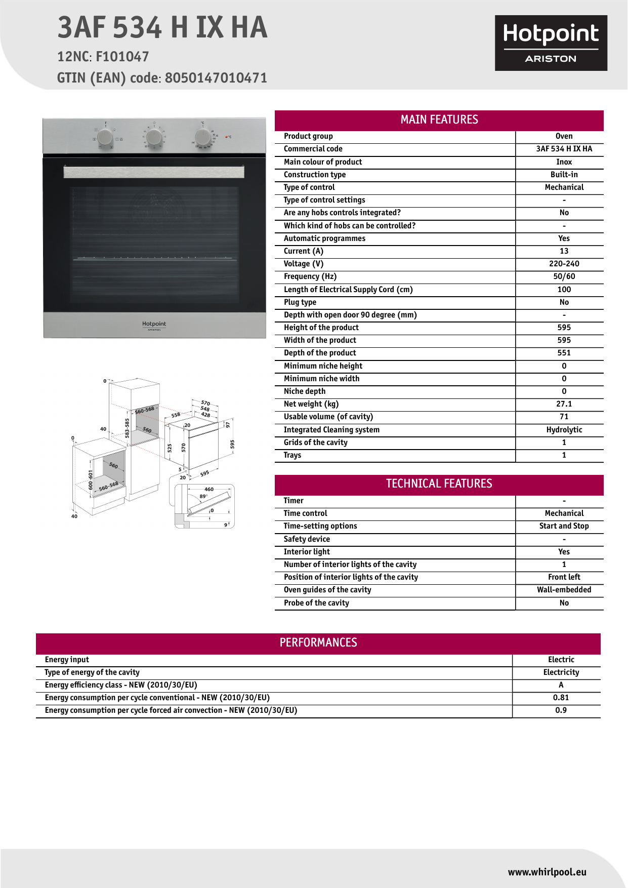 HOTPOINT/ARISTON 3AF 534 H IX HA Oven Product Data Sheet | Manualzz