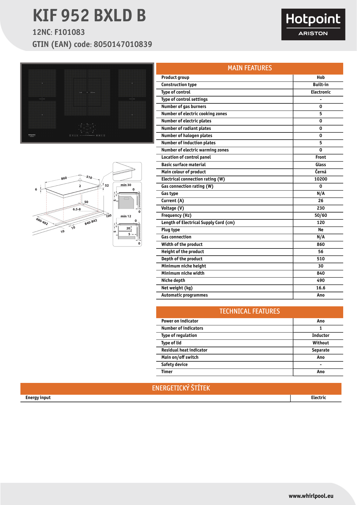 HOTPOINT/ARISTON KIF 952 BXLD B Hob Product Data Sheet | Manualzz