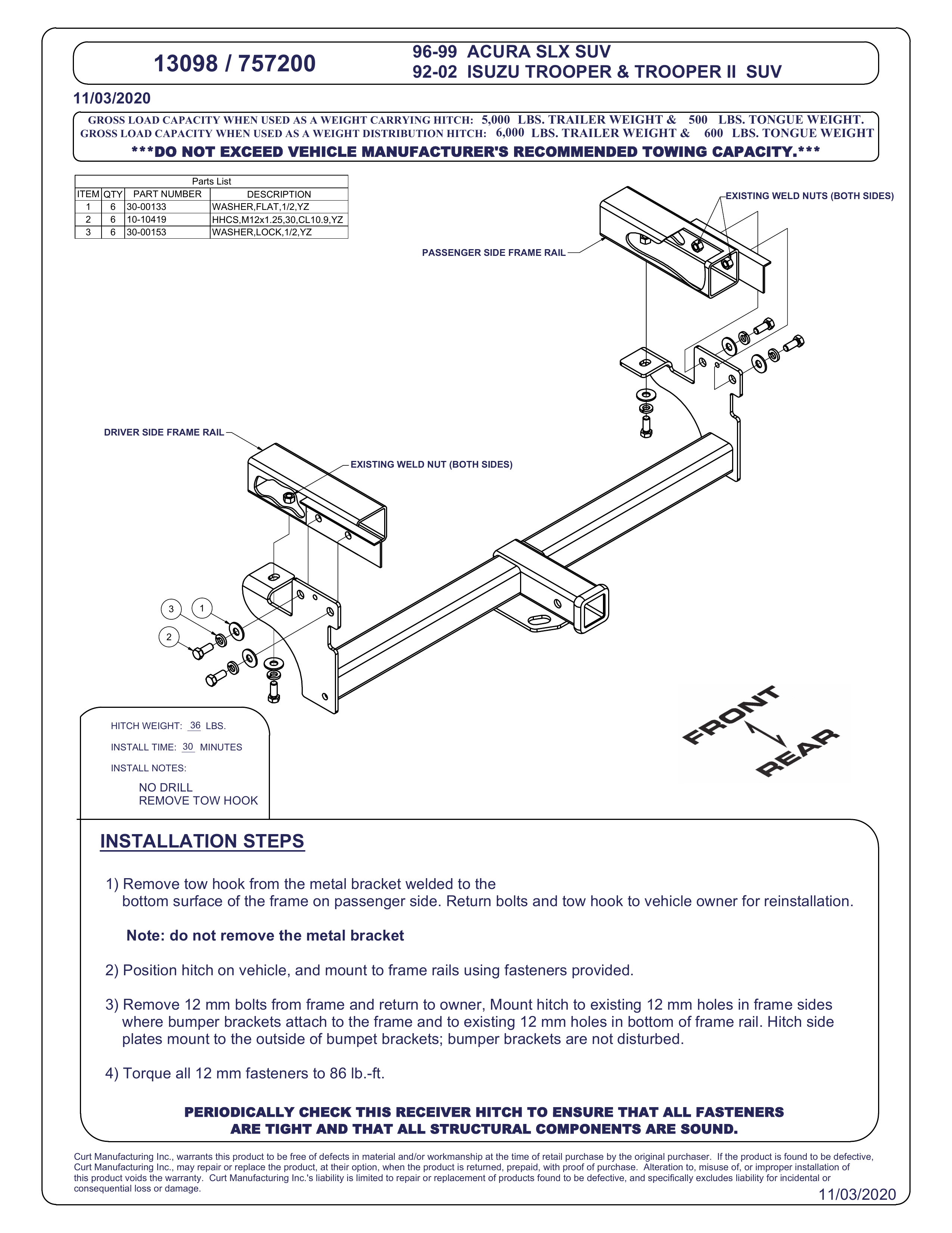 Curt 31086 2 Front Receiver Hitch