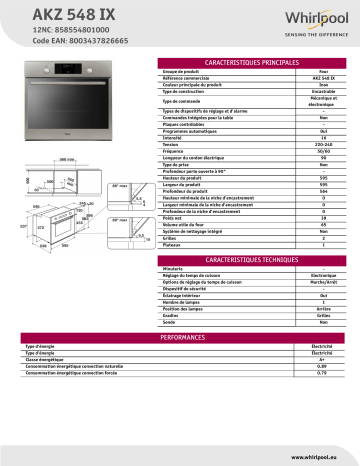 Whirlpool AKZ 548 IX Oven Product Data Sheet | Manualzz