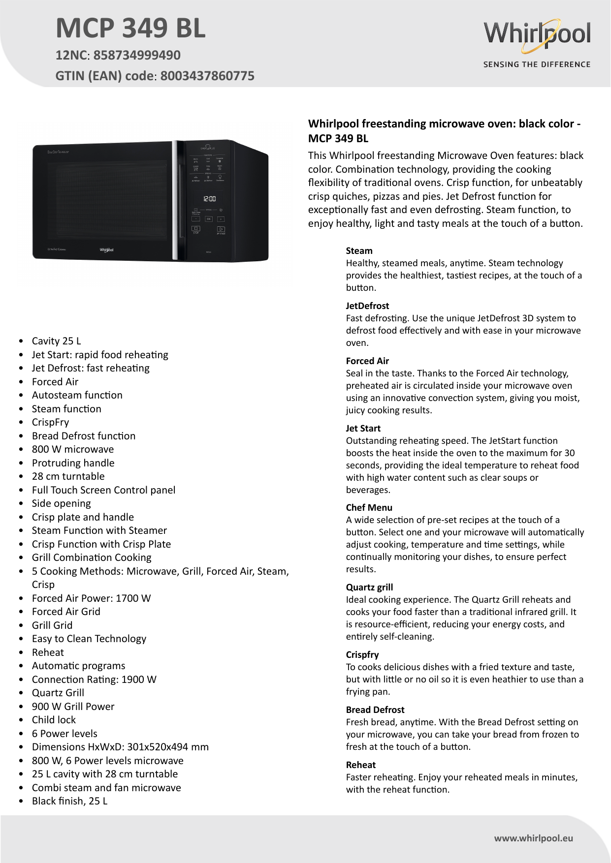 Whirlpool MCP 349 BL Microwave Product Data Sheet | Manualzz