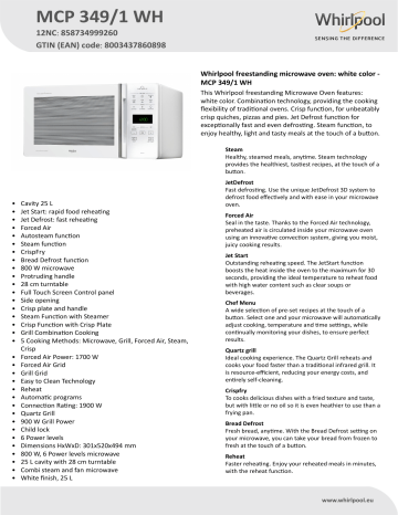 Whirlpool MCP 349/1 WH Microwave Product Data Sheet | Manualzz
