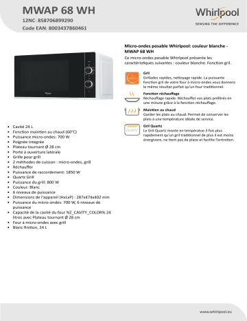 Whirlpool MWAP 68 WH Microwave Product Data Sheet | Manualzz