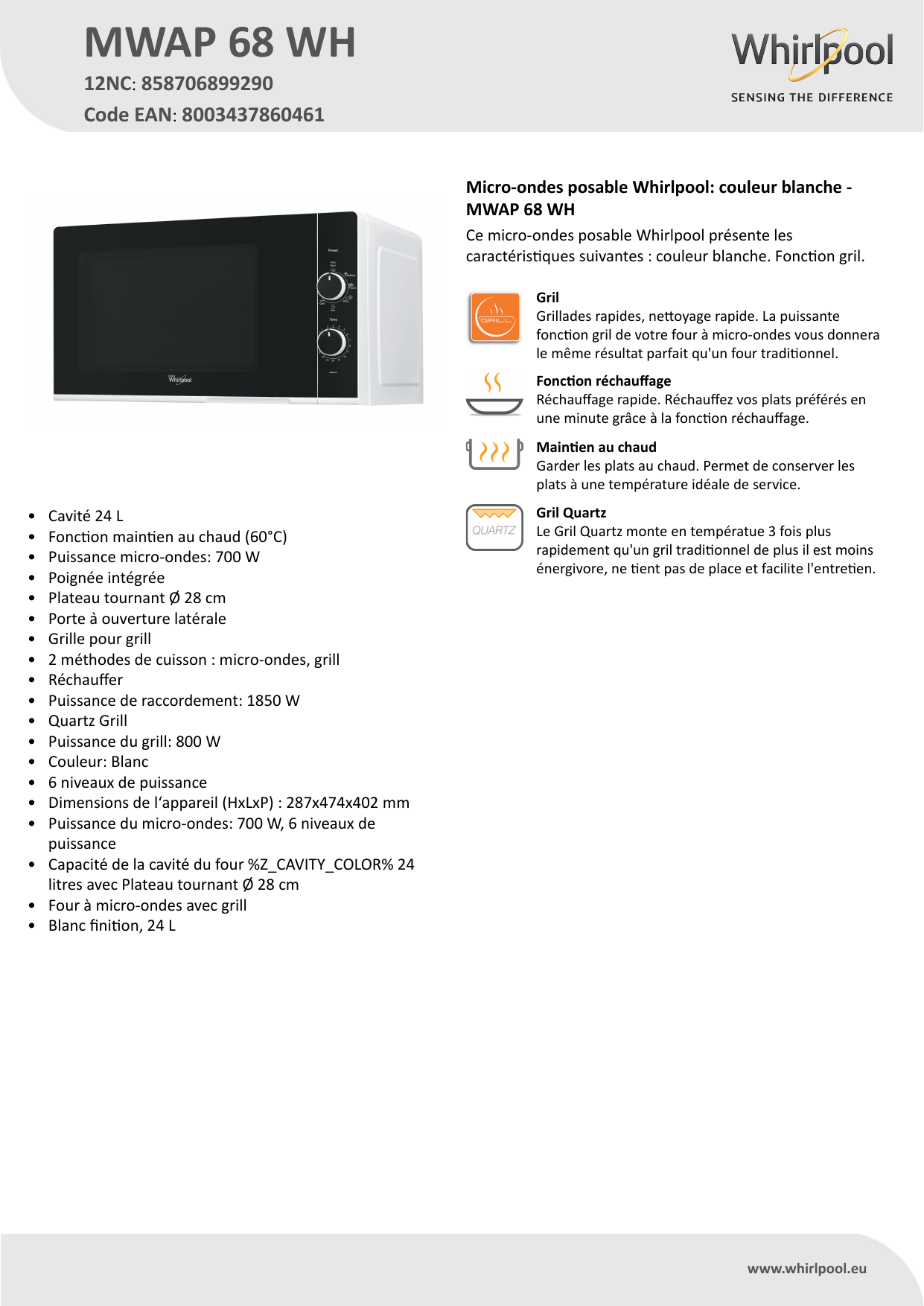 Whirlpool MWAP 68 WH Microwave Product Data Sheet | Manualzz