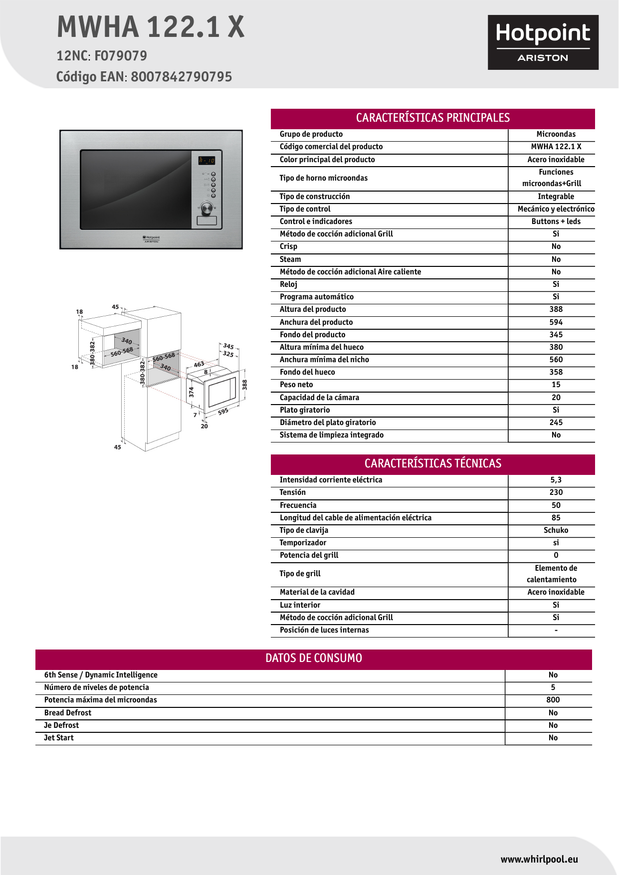 HOTPOINT/ARISTON MWHA 122.1 X Microwave Product Data Sheet | Manualzz