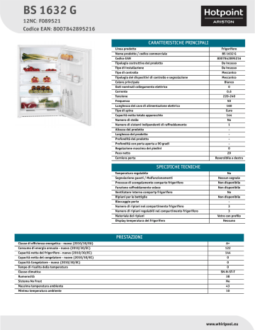 HOTPOINT/ARISTON BS 1632 G Refrigerator Product Data Sheet | Manualzz
