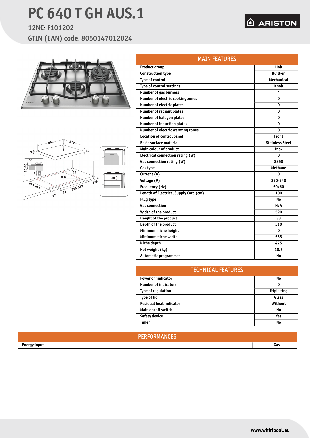 Ariston PC 640 T GH AUS.1 Hob Product Data Sheet | Manualzz