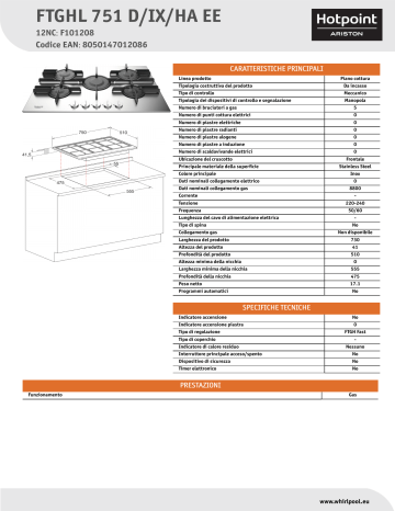 HOTPOINT/ARISTON FTGHL 751 D/IX/HA EE Hob Product Data Sheet | Manualzz