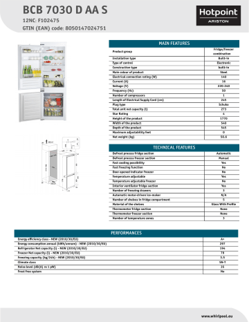 HOTPOINT/ARISTON BCB 7030 D AA S Fridge/freezer combination Product Data Sheet | Manualzz