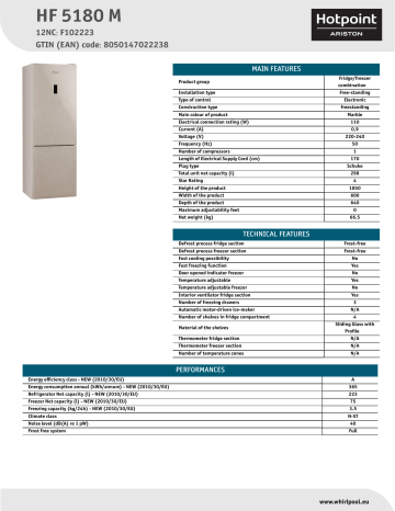 HOTPOINT/ARISTON HF 5180 M Fridge/freezer combination Product Data Sheet | Manualzz