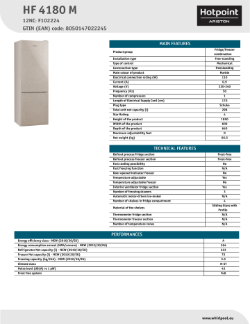 HOTPOINT/ARISTON HF 4180 M Fridge/freezer combination Product Data Sheet | Manualzz