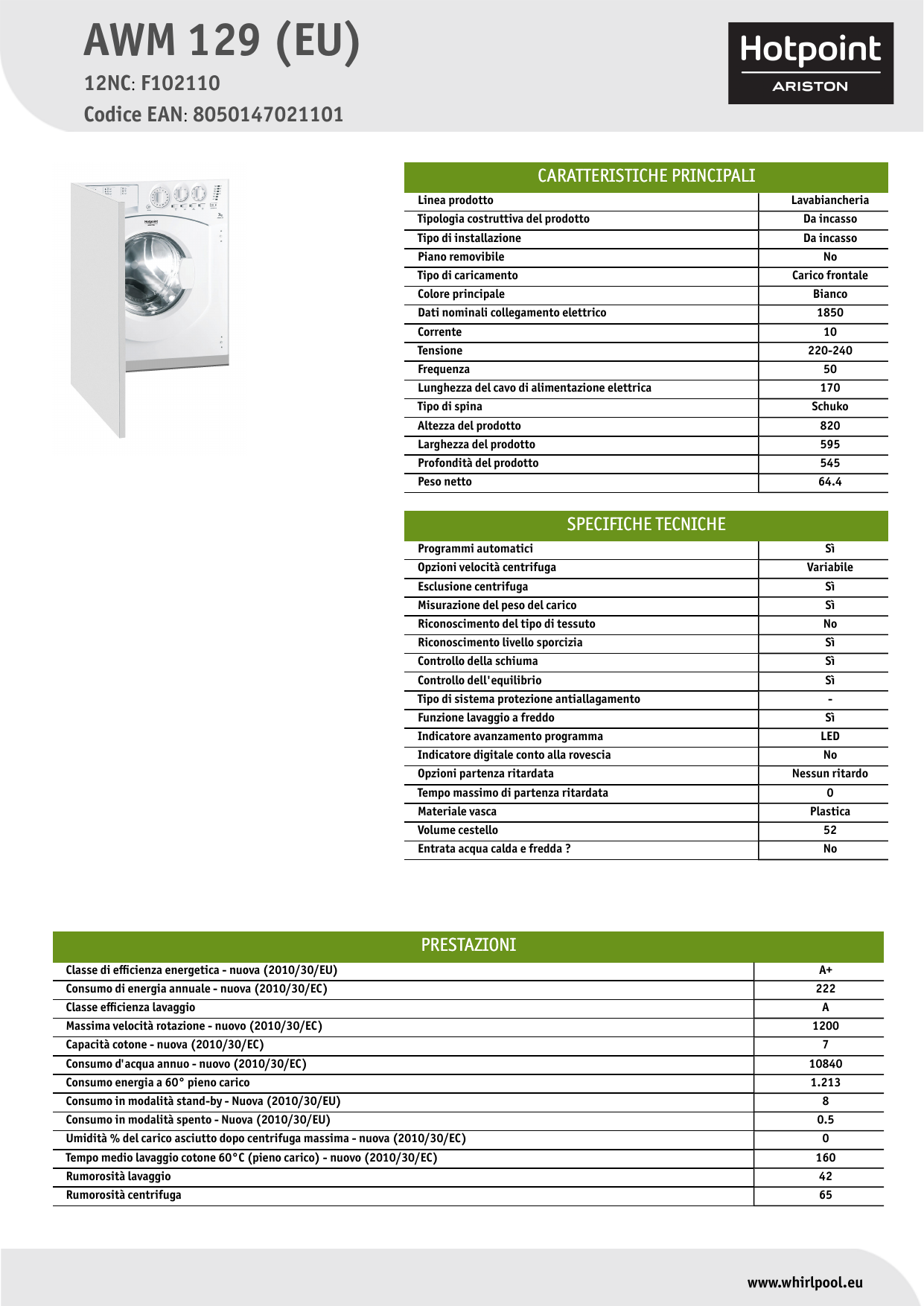 HOTPOINT/ARISTON AWM 129 (EU) Washing machine Product Data Sheet | Manualzz