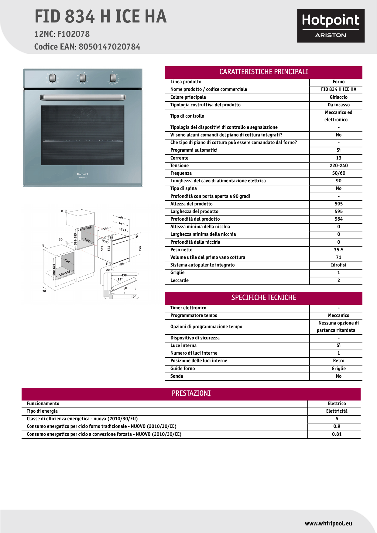 HOTPOINT/ARISTON FID 834 H ICE HA Oven Product Data Sheet | Manualzz