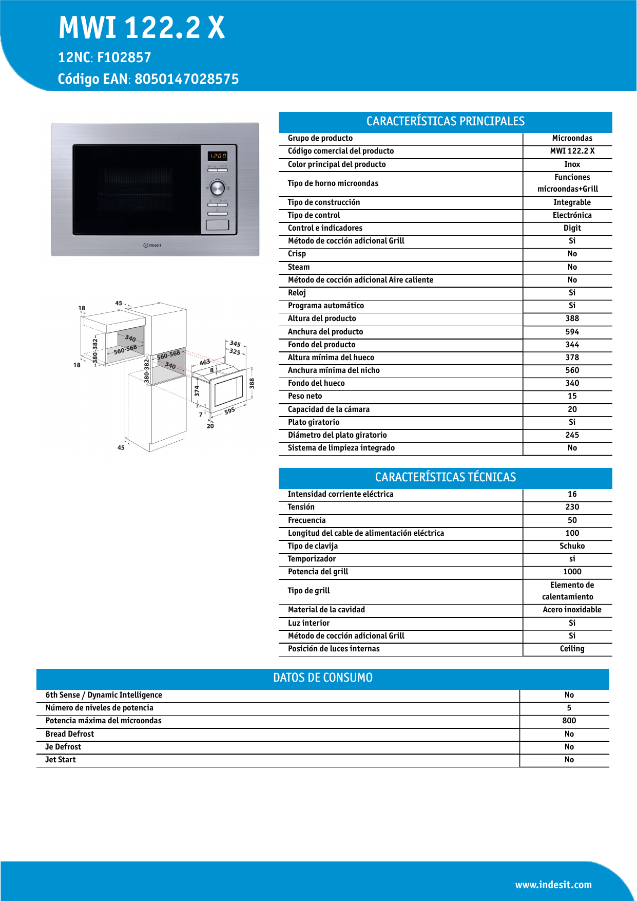 Indesit MWI 122.2 X Microwave Product Data Sheet | Manualzz