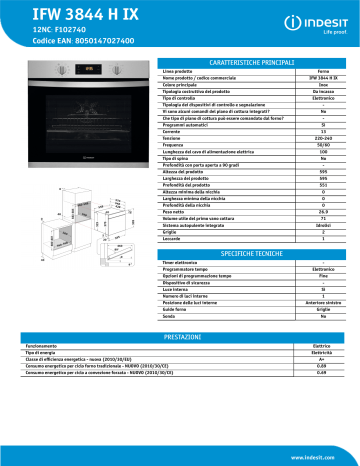Indesit IFW 3844 H IX Oven Product Data Sheet | Manualzz