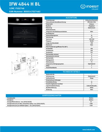 Indesit IFW 4844 H BL Oven Product Data Sheet | Manualzz