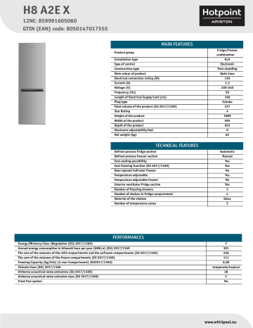 HOTPOINT/ARISTON H8 A2E X Fridge/freezer combination NEL Data Sheet | Manualzz