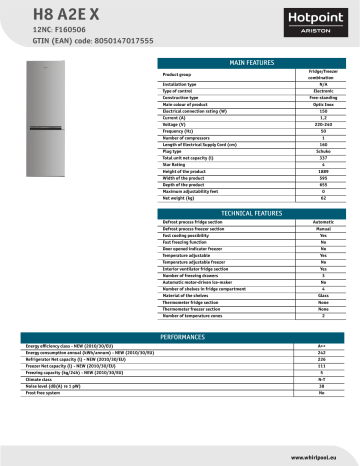 HOTPOINT/ARISTON H8 A2E X Fridge/freezer combination Product Data Sheet | Manualzz