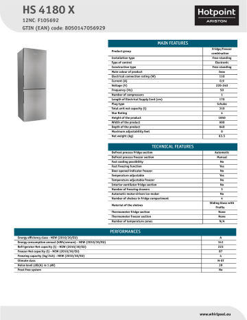 HOTPOINT/ARISTON HS 4180 X Fridge/freezer combination Product Data Sheet | Manualzz