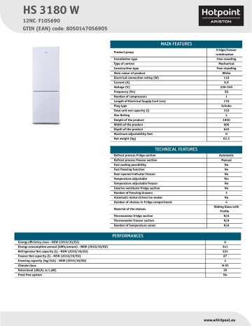 HOTPOINT/ARISTON HS 3180 W Fridge/freezer combination Product Data Sheet | Manualzz