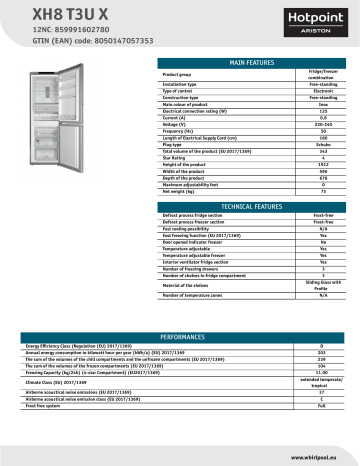 HOTPOINT/ARISTON XH8 T3U X Fridge/freezer combination NEL Data Sheet | Manualzz