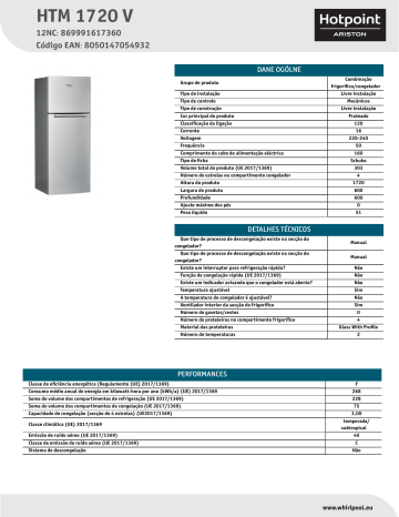 HOTPOINT/ARISTON HTM 1720 V Fridge/freezer combination NEL Data Sheet | Manualzz