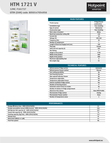 HOTPOINT/ARISTON HTM 1721 V Fridge/freezer combination Product Data Sheet | Manualzz