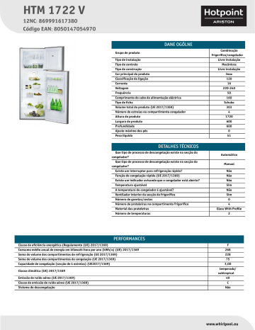 HOTPOINT/ARISTON HTM 1722 V Fridge/freezer combination NEL Data Sheet | Manualzz