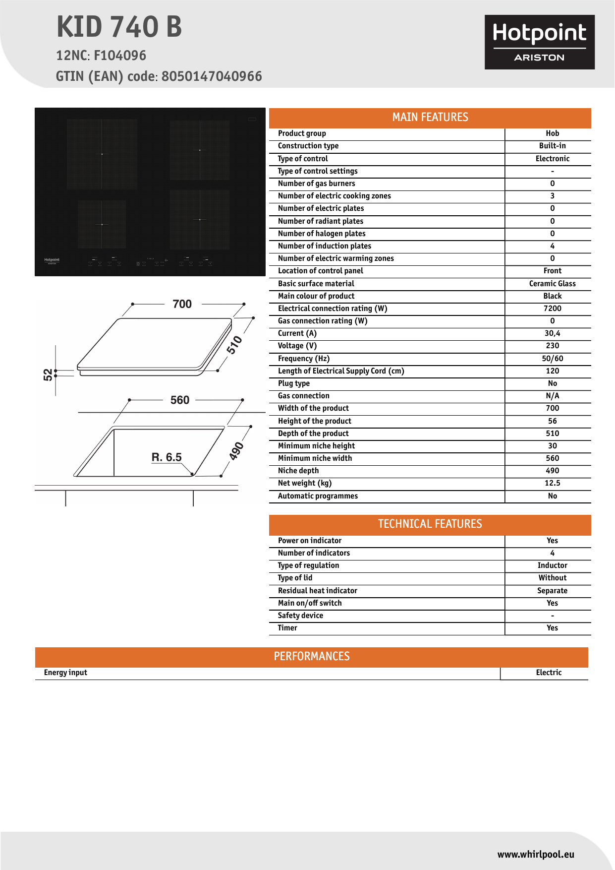 HOTPOINT/ARISTON KID 740 B Hob Product Data Sheet | Manualzz