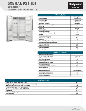 HOTPOINT/ARISTON SXBHAE 921 IDI Side-by-Side Product Data Sheet | Manualzz