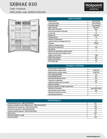 HOTPOINT/ARISTON SXBHAE 930 Side-by-Side Product Data Sheet | Manualzz
