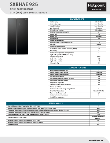 HOTPOINT/ARISTON SXBHAE 925 Side-by-Side NEL Data Sheet | Manualzz