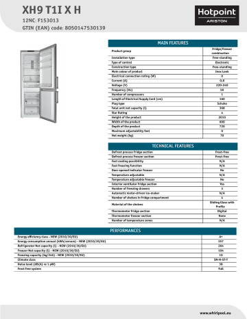 HOTPOINT/ARISTON XH9 T1I X H Fridge/freezer combination Product Data Sheet | Manualzz