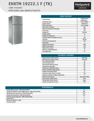 HOTPOINT/ARISTON ENXTM 19222.1 F (TK) Fridge/freezer combination Product Data Sheet | Manualzz