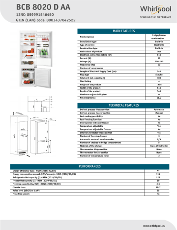 HOTPOINT/ARISTON BCB 8020 D AA Fridge/freezer combination Product Data Sheet | Manualzz