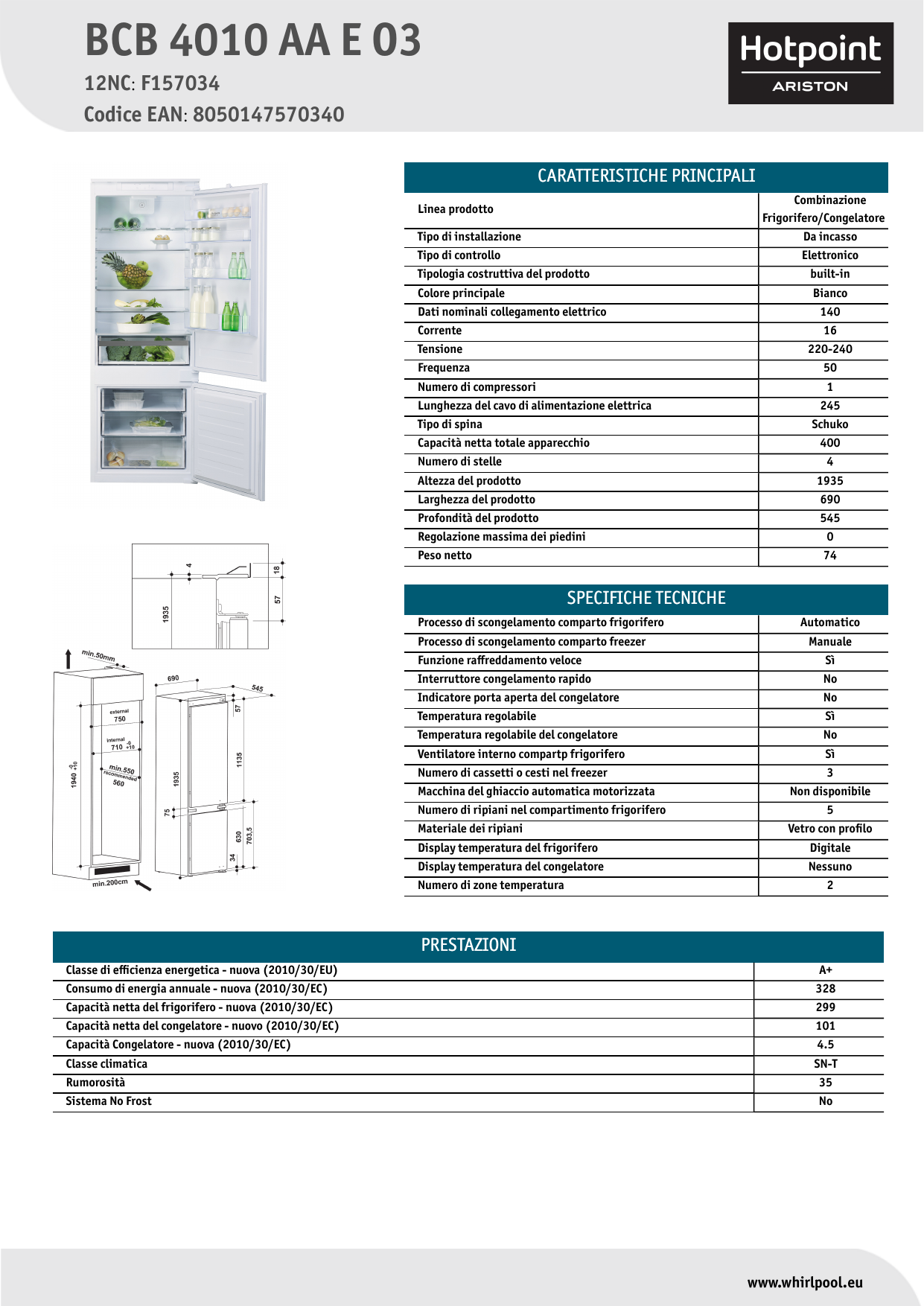 HOTPOINT/ARISTON BCB 4010 AA E O3 Fridge/freezer combination Product Data  Sheet | Manualzz