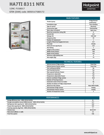HOTPOINT/ARISTON HA7TI 8311 NFX Fridge/freezer combination Product Data Sheet | Manualzz